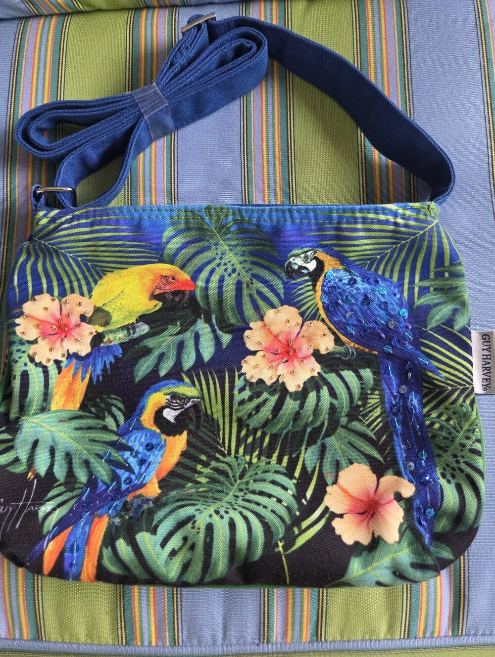 NEW Guy Harvey Sequin And Bead Tropical Parrot Print Crossbody Bag - Blue - Picture 5 of 8